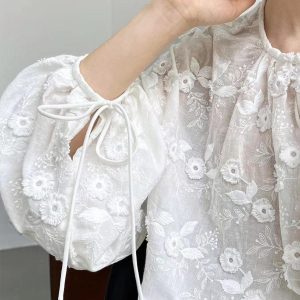 Lace Embroidered Floral Top - Y2K Aesthetic Cute Shirt for Coquette Style Outfits