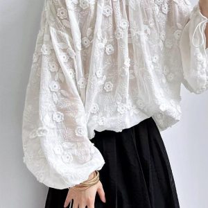 Lace Embroidered Floral Top - Y2K Aesthetic Cute Shirt for Coquette Style Outfits