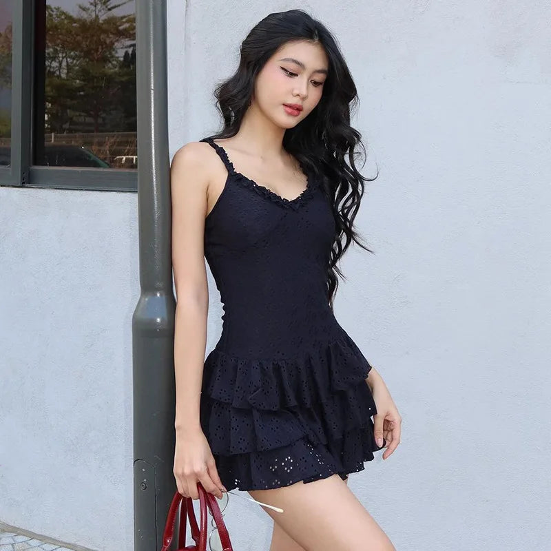 Lace Hollow Out Frill Mini Dress - Slim Ruffled Spaghetti Strap V-neck for Summer Parties