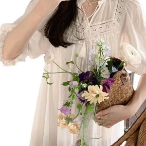 Lace Hollow Puff Sleeve Dress - Perfect for Back to School & Graduation in Y2K Fashion Style