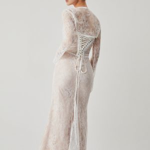 Lace Jacquard Floral Semi-Sheer Tied Maxi Dress for Y2K Aesthetic and Coquette Style