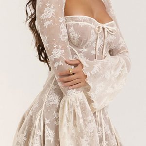 Lace Low Cut Flare Sleeve A-Line Dress - Y2K Aesthetic Cute Dress for Stylish Outfits