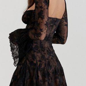 Lace Low Cut Flare Sleeve A-Line Dress - Y2K Aesthetic Cute Dress for Stylish Outfits