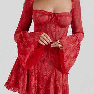 Lace Low Cut Flare Sleeve A-Line Dress - Y2K Aesthetic Cute Dress for Stylish Outfits