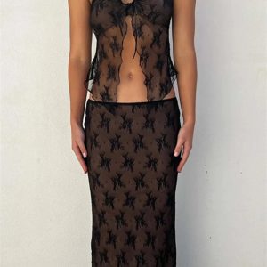 Lace Maxi Dress Set with Sleeveless See-Through Crop Top & High Waist Skirt for Holidays