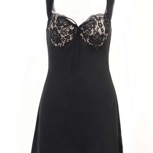 Lace Patchwork A-Line Mini Dress with Strappy Details for Y2K Coquette Aesthetic