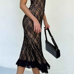 Lace Patchwork Cami Midi Dress - Y2K Aesthetic Chic for Coquette and Grunge Styles