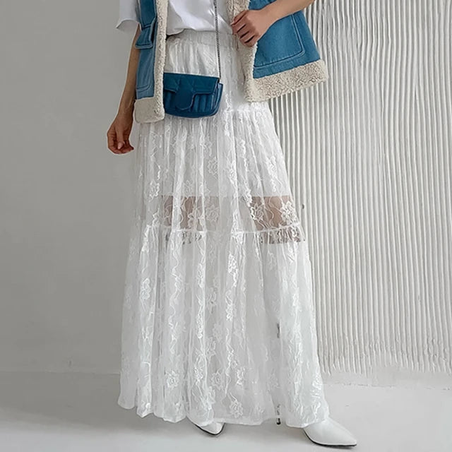 Lace Patchwork High-Waisted A-Line Skirt - Y2K See-Through Summer Fashion for Women