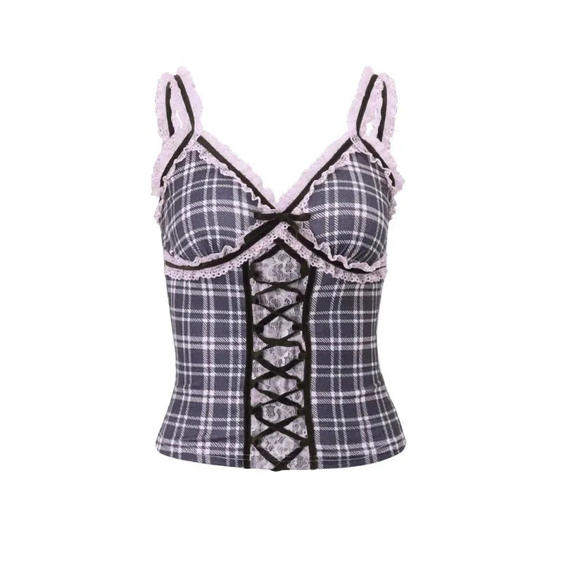 Lace Patchwork Plaid Top - Y2K Fashion Essential for Cute Summer Outfits and Aesthetic Looks