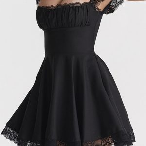 Lace Patchwork Strappy Corset Dress - Y2K Aesthetic Cute Dress for Coquette Style