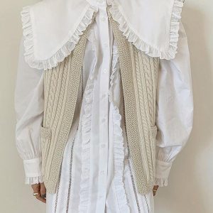 Lace Shirt with Large Lapel & Linen Pattern Knitted Vest Coat for Y2K Aesthetic Outfits