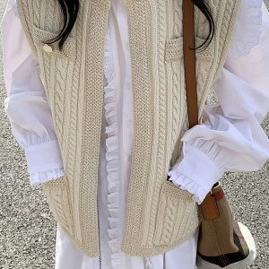 Lace Shirt with Large Lapel & Linen Pattern Knitted Vest Coat for Y2K Aesthetic Outfits