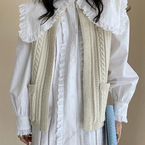 Lace Shirt with Large Lapel & Linen Pattern Knitted Vest Coat for Y2K Aesthetic Outfits