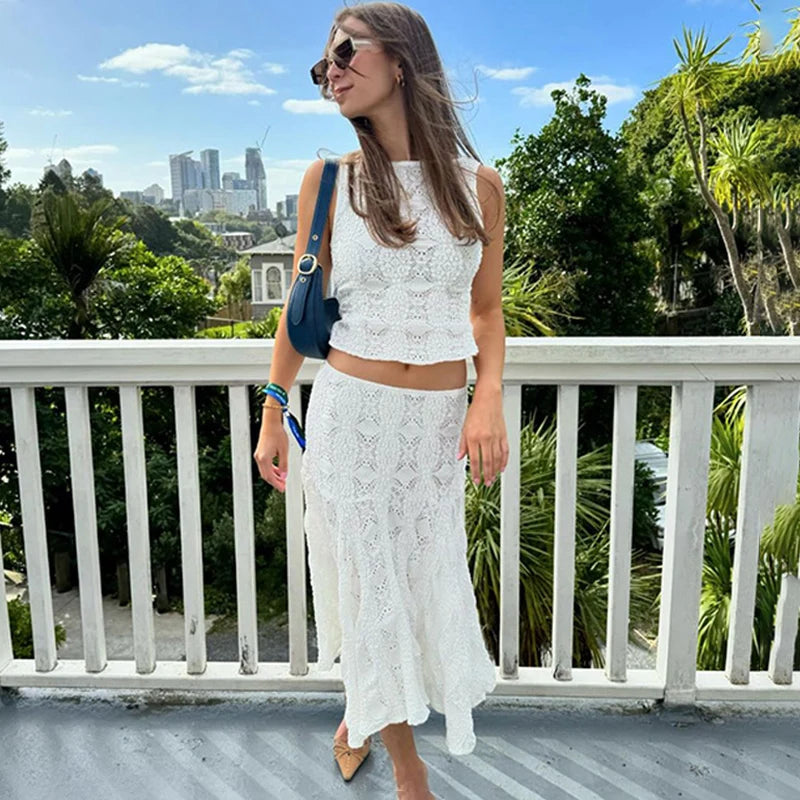 Lace Skirt Set for Women: Summer White Slim Sleeveless Crop Top & Casual Beach Outfit