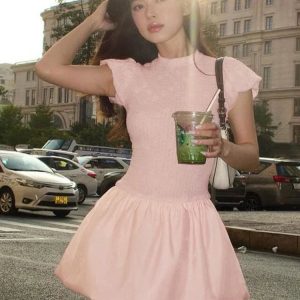 Lace Splice Bud Mini Dress - Short Sleeve Solid Slim Fit Dress for Sweet Birthday Parties