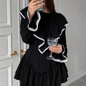 Lace Splice Folds Mini Dress for Women - 2023 Autumn Slim Black Streetwear Aesthetic Dress