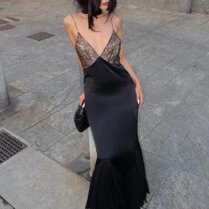 Lace Splice Maxi Dress for Women - Sexy Deep V Neck Mesh Slim Dress for Clubwear & Evening Events