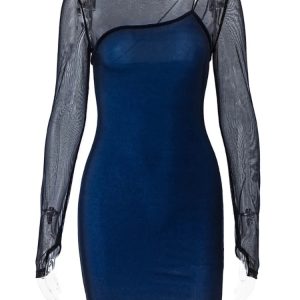 Lace Splice Mini Dress for Women - Sexy Mesh Long Sleeve O Neck Sheath Dress, Elegant Y2K Style