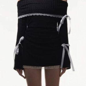 Lace Splice Off-Shoulder Mini Dress - Sexy Bodycon Ribbed Dress for Casual Y2K Aesthetic