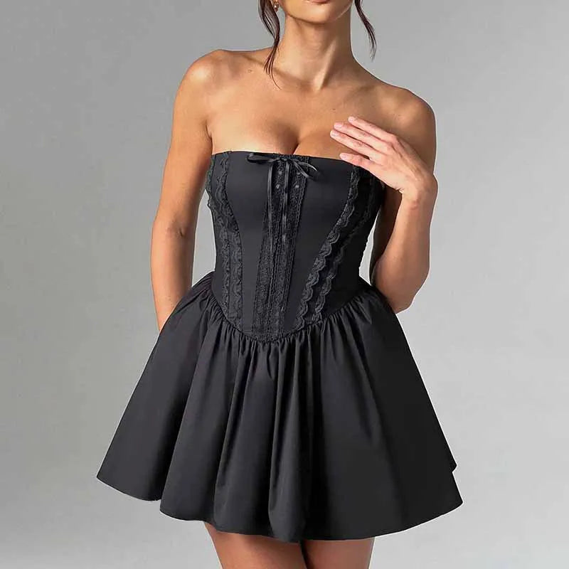 Lace Strapless Backless Dress for Women - Sexy Bow Lace-Up Splice Sleeveless Evening Party Dress