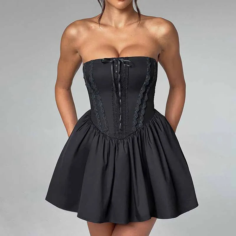 Lace Strapless Backless Dress for Women - Sexy Bow Lace-Up Splice Sleeveless Evening Party Dress