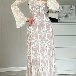 Lace Tie-Up Flare Sleeve Midi Dress - Y2K Aesthetic Fashion for Chic Coquette Style