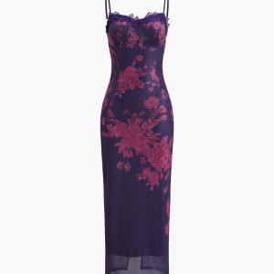 Lace Trim Floral Mesh Long Dress - Y2K Aesthetic Maxi Dress for Coquette Style