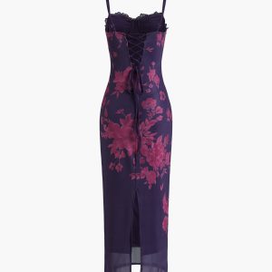 Lace Trim Floral Mesh Long Dress - Y2K Aesthetic Maxi Dress for Coquette Style