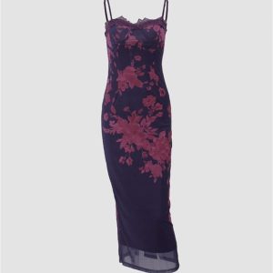 Lace Trim Floral Print Lace Up Y2K Maxi Dress for Coquette and Grunge Aesthetic Styles