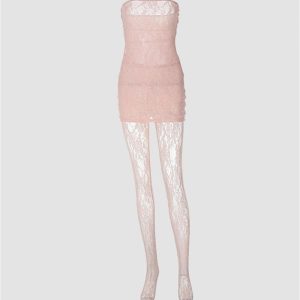 Lace Tube Dress with Stockings - Y2K Aesthetic Fashion for a Chic Coquette Look