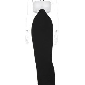 Lace Up Backless Maxi Dress & Crop Top Set - Slim Color Block Sexy Women's Outfit