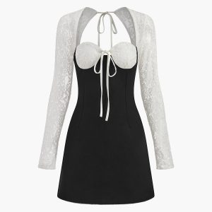 Lace Up Backless Mini Dress - Y2K Aesthetic Cute Dress for Coquette and Grunge Styles