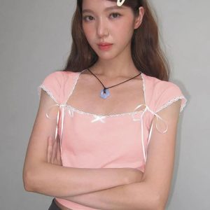 Lace-Up Bandage Crop Tops for Women - Pink Casual Bodycon Tank Top in Y2K Fashion Style