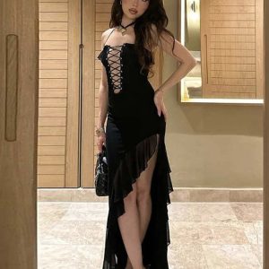 Lace-Up Bandage Hollow Out Irregular Y2K Maxi Dress - Sexy Backless Bodycon Party Outfit