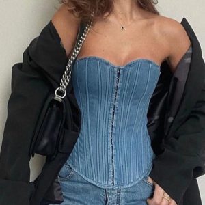 Lace-Up Denim Corset Tank Top - Slim Sexy Sleeveless Crop Top for Casual Y2K Outfits