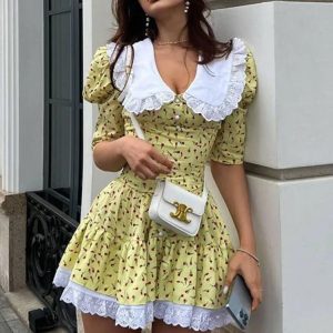 Lace-Up Floral Dress for Women - Elegant Luxury with Turn Collar & Short Sleeves, Retro Style