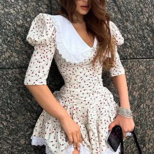 Lace-Up Floral Dress for Women - Elegant Luxury with Turn Collar & Short Sleeves, Retro Style