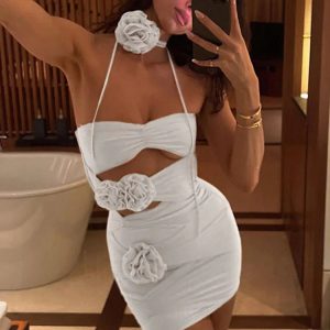 Lace-Up Flower Mini Dress for Women - Sexy Backless Summer Party Dress with Hollow Out Design