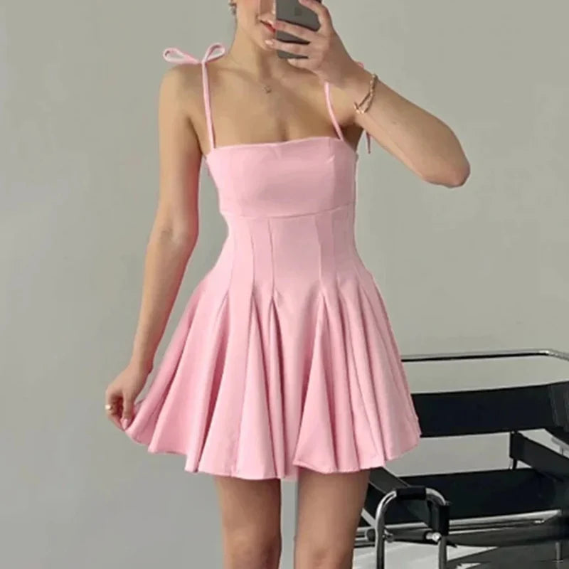 Lace-Up Mini Suspender Dress for Women - Elegant Sleeveless Solid Patchwork Party Dress