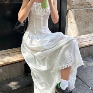 Lace Up Slim Maxi Dress for Women - High Waist Corset Style, Elegant White Wedding Fashion