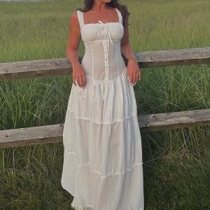 Lace Up Slim Maxi Dress for Women - High Waist Corset Style, Elegant White Wedding Fashion