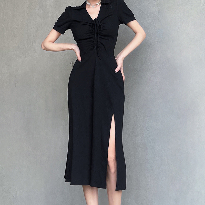 Lace-Up Slit Black Maxi Dress - Y2K Aesthetic Knitted Style for Chic Outfits