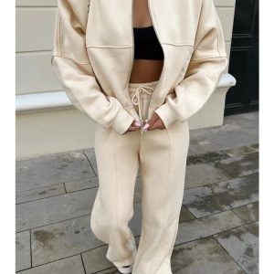 Lace Up V Neck Cardigan & Loose Sports Pants Set - Casual 2 Piece Outfit for Fall 2023