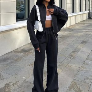 Lace Up V Neck Cardigan & Loose Sports Pants Set - Casual 2 Piece Outfit for Fall 2023