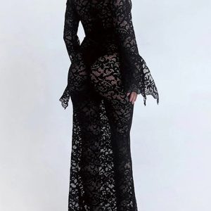 Lace V Neck Flare Sleeve Dress - Y2K Aesthetic Cute Dress for Coquette Style Outfits