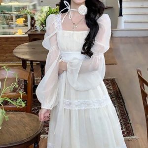 Lace Y2K Chiffon Midi Dress with Puff Sleeves - Fairycore Vintage High Waist Evening Dress