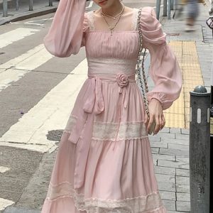 Lace Y2K Chiffon Midi Dress with Puff Sleeves - Fairycore Vintage High Waist Evening Dress