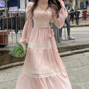 Lace Y2K Chiffon Midi Dress with Puff Sleeves - Fairycore Vintage High Waist Evening Dress