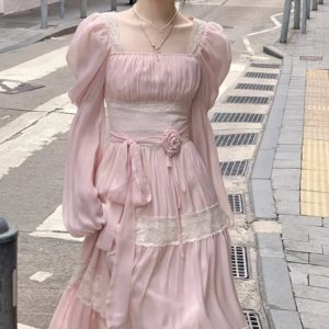 Lace Y2K Chiffon Midi Dress with Puff Sleeves - Fairycore Vintage High Waist Evening Dress