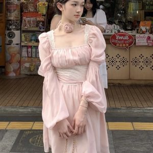 Lace Y2K Fairycore Midi Dress with Puff Sleeves - Vintage High Waist Evening Party Dress